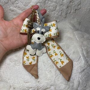Grey Schnauzer 3-piece Bag Charm w/rose gold rhinestone knot & Floral Ribbon NWT